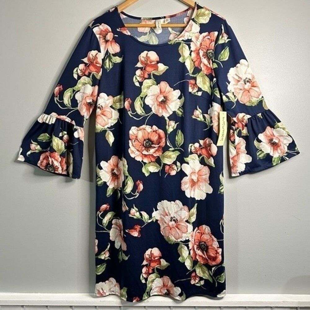 Tacera women’s Medium navy blue with large pink flowers bell sleeve dress 22B3